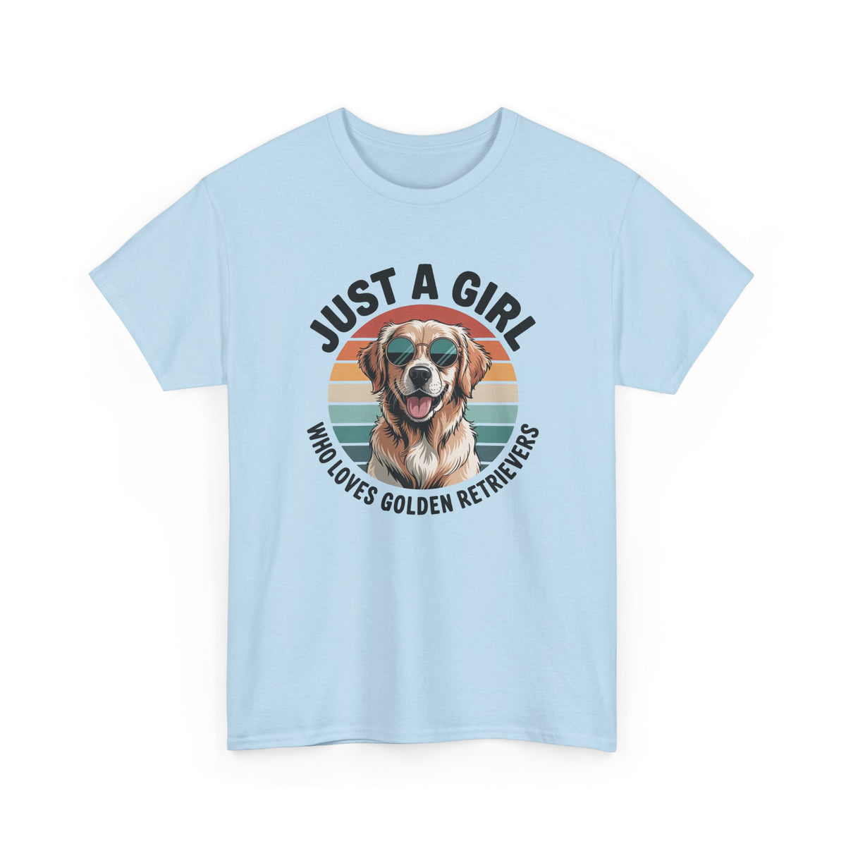 Light Blue Just a Girl Who Loves Golden Retrievers retro sunset t-shirt, front view