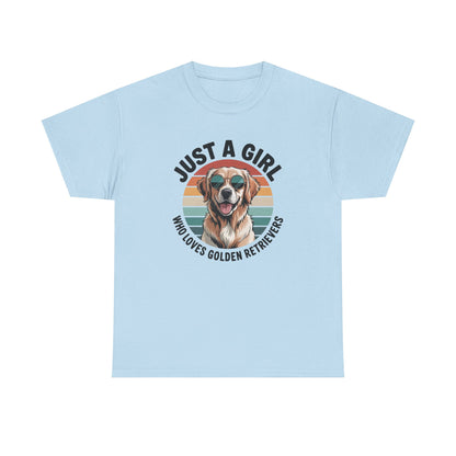 Light blue golden retriever t-shirt with retro sunset print and dog in sunglasses