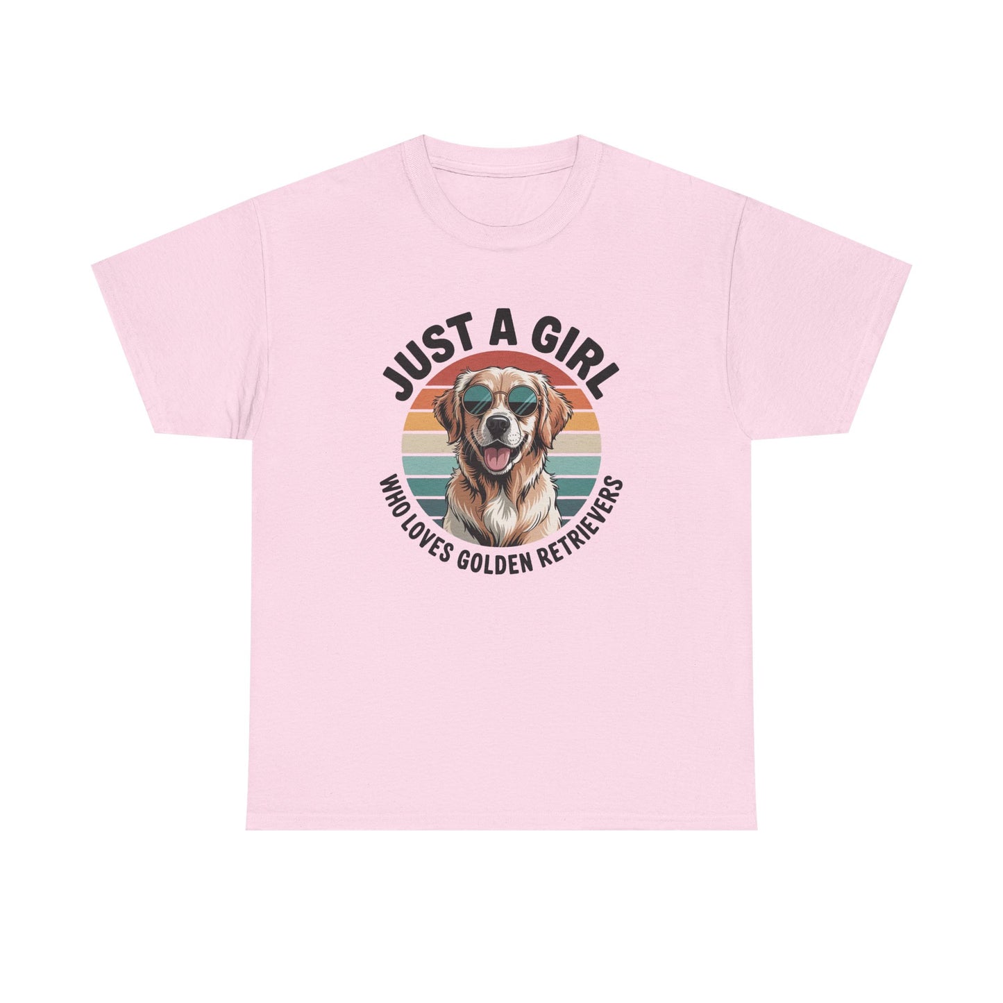 Light pink golden retriever t-shirt with retro sunset print and dog in sunglasses