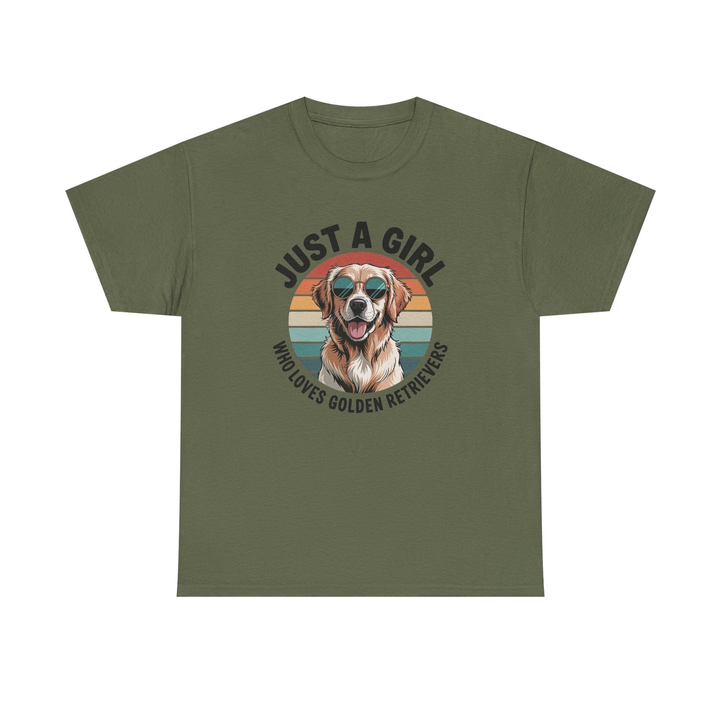 Military green golden retriever t-shirt with retro sunset print and dog in sunglasses
