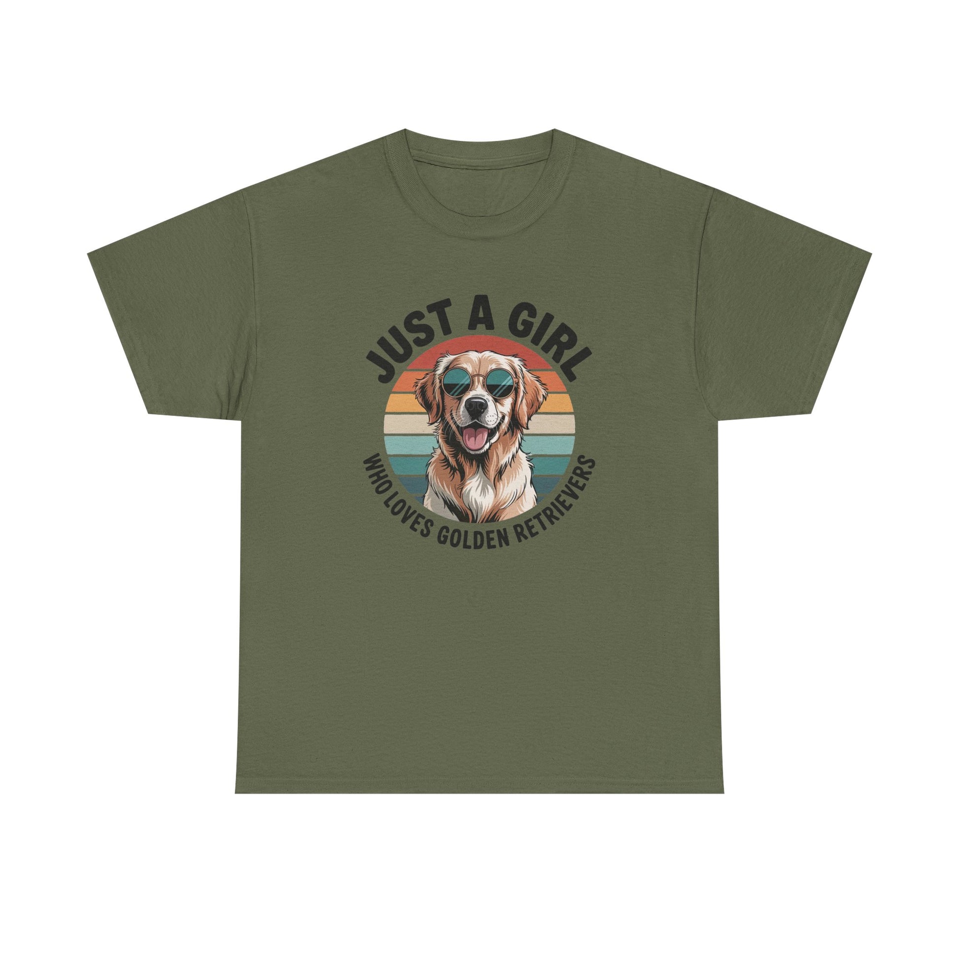 Military green golden retriever t-shirt with retro sunset print and dog in sunglasses
