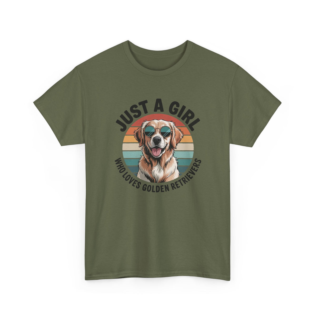 Military Green Just a Girl Who Loves Golden Retrievers retro sunset t-shirt, front view