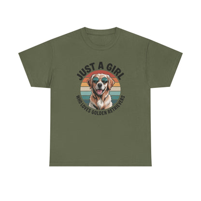 Military green golden retriever t-shirt with retro sunset print and dog in sunglasses