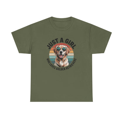 Military green golden retriever t-shirt with retro sunset print and dog in sunglasses