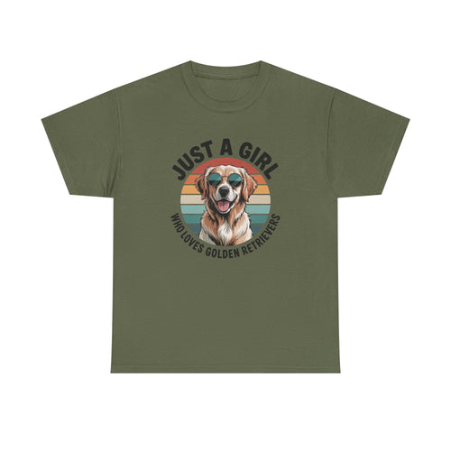 Military green golden retriever t-shirt with retro sunset print and dog in sunglasses