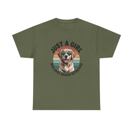 Military green golden retriever t-shirt with retro sunset print and dog in sunglasses