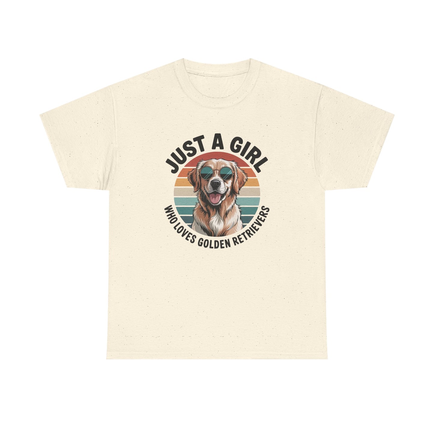 Natural golden retriever t-shirt with retro sunset print and dog in sunglasses