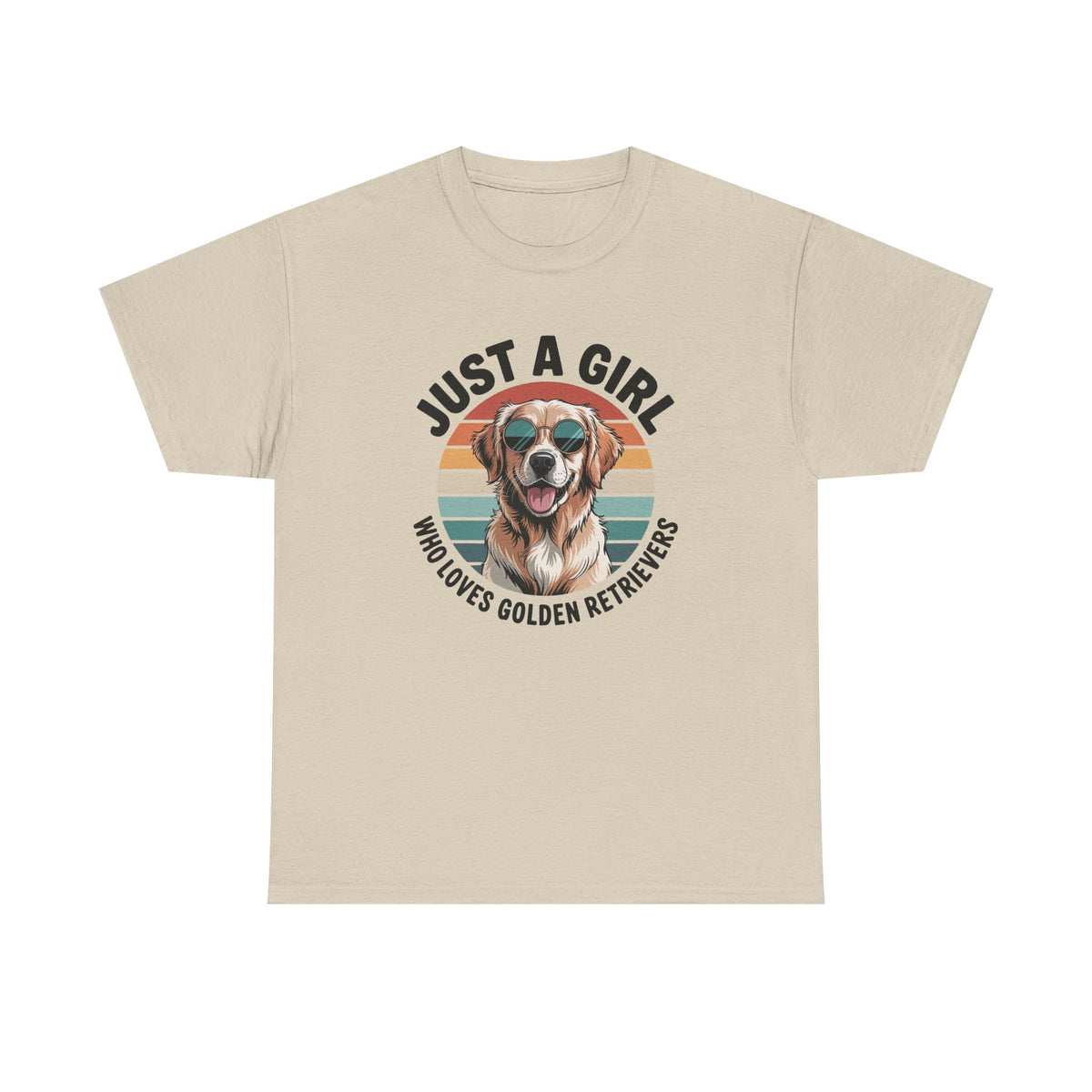 Sand golden retriever t-shirt with retro sunset print and dog in sunglasses