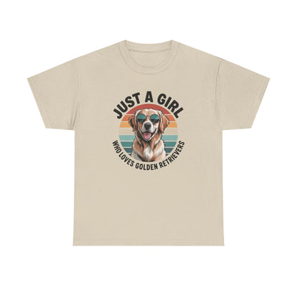 Sand golden retriever t-shirt with retro sunset print and dog in sunglasses