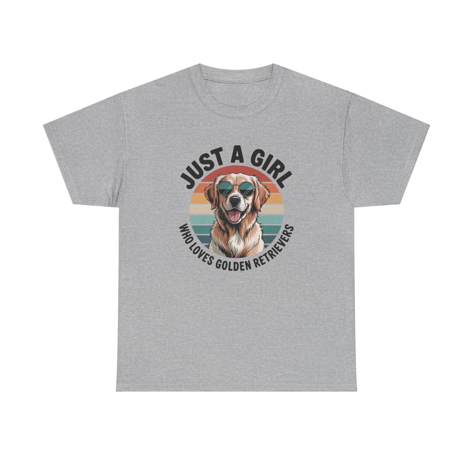 Sport grey golden retriever t-shirt with retro sunset print and dog in sunglasses