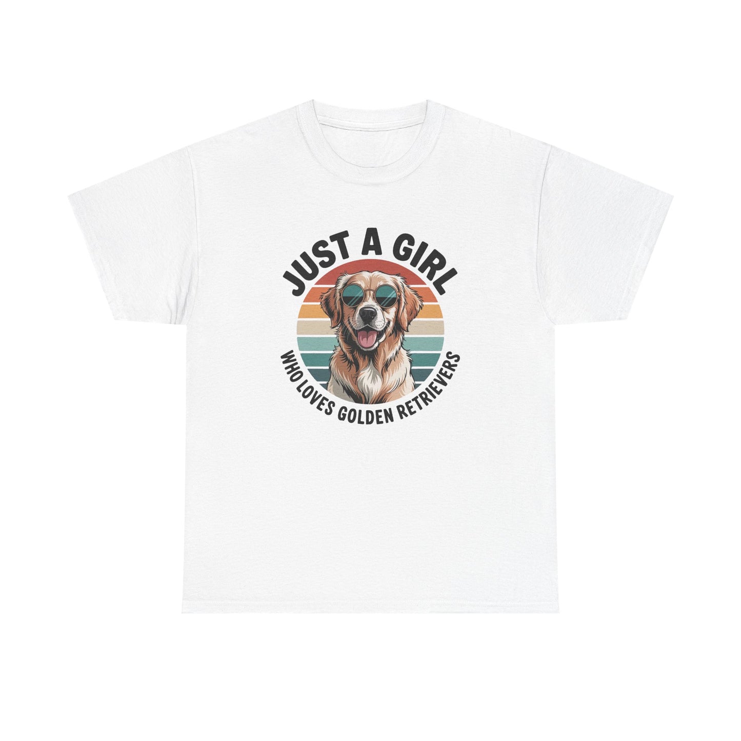 White golden retriever t-shirt with retro sunset print and just a girl who loves golden retrievers text