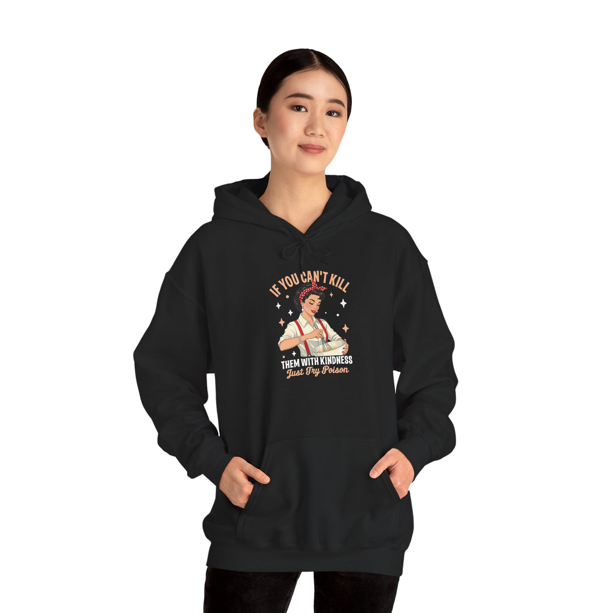 Woman wearing the Kill Them With Kindness Just Try Poison retro pin-up hoodie, hands in pocket