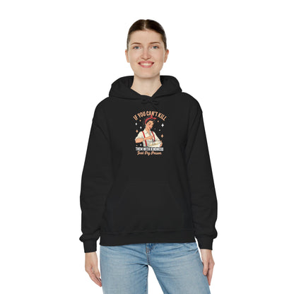 Woman wearing the Kill Them With Kindness Just Try Poison retro pin-up hoodie, front view