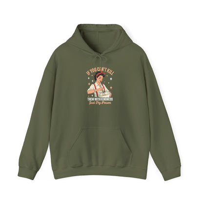 Military Green Kill Them With Kindness Just Try Poison retro pin-up hoodie, front view