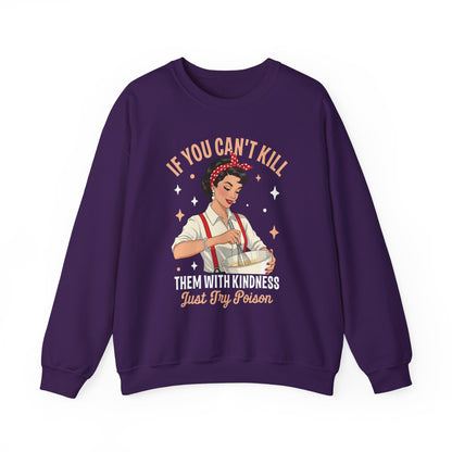 Purple Kill Them With Kindness Just Try Poison retro pin-up sweatshirt, front view
