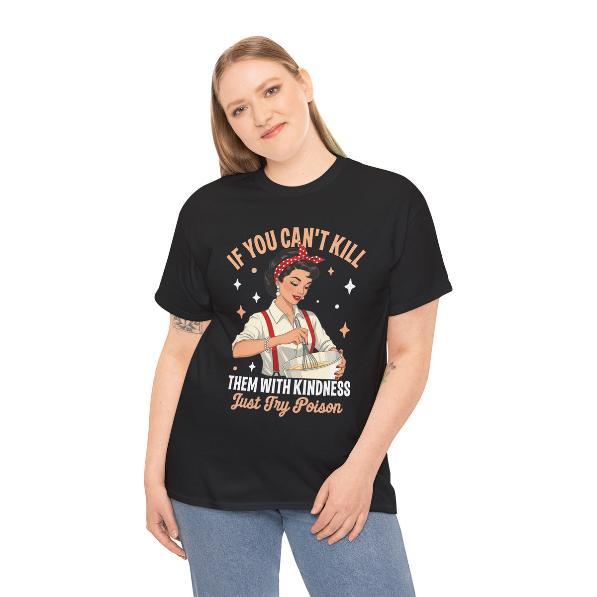 Model wearing the Kill Them With Kindness Just Try Poison retro pin-up t-shirt