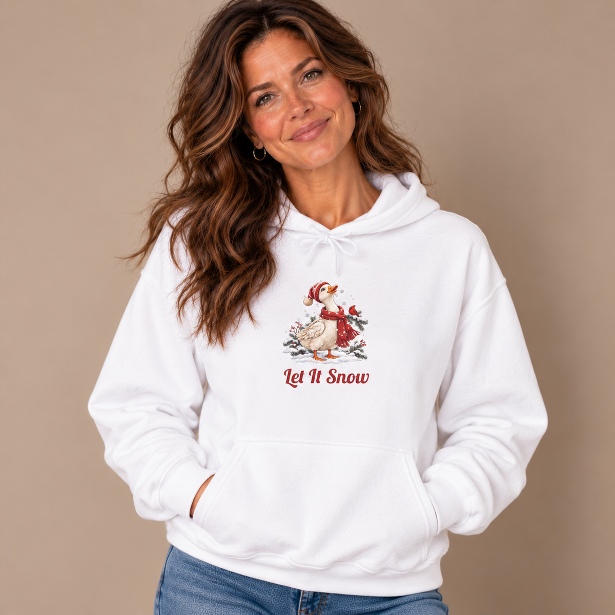 Woman wearing the White Let It Snow Goose Christmas Hoodie with jeans