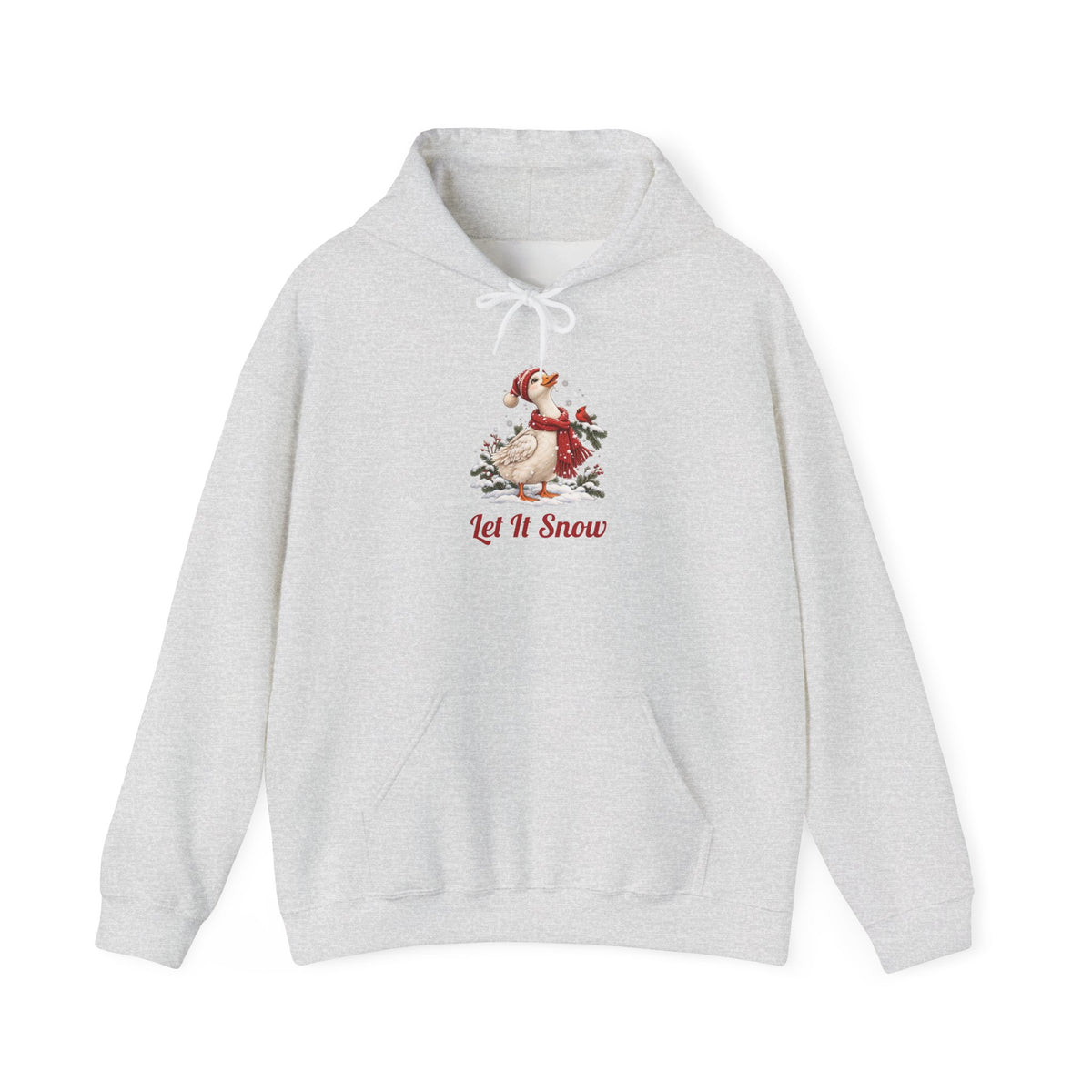 Ash Let It Snow Goose hoodie with a goose in a red scarf and beanie in the snow, front view