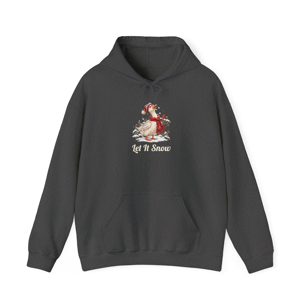 Dark Heather Let It Snow Goose hoodie with a goose in a red scarf and beanie in the snow, front view