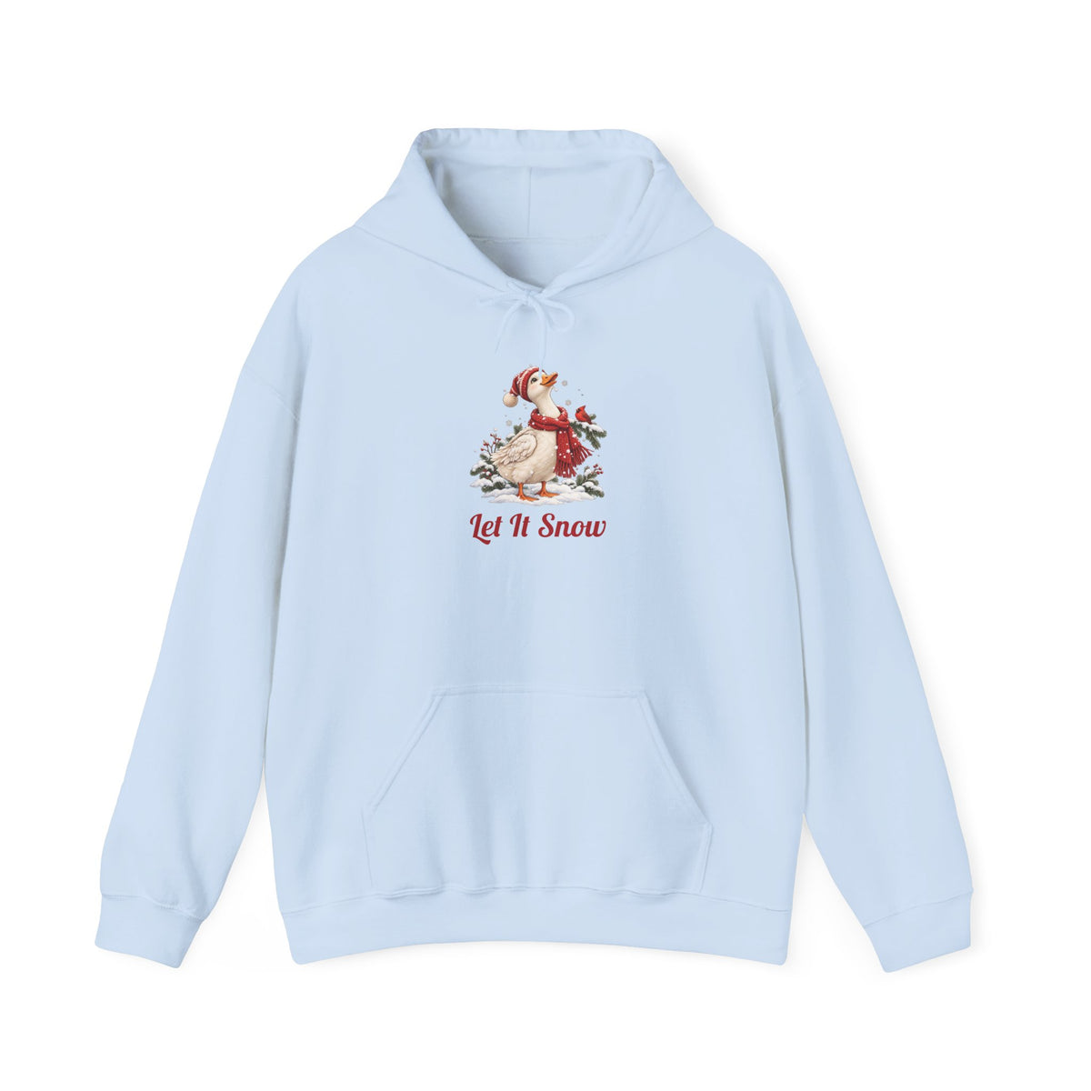 Light Blue Let It Snow Goose hoodie with a goose in a red scarf and beanie in the snow, front view