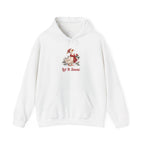White Let It Snow Goose hoodie with a goose in a red scarf and beanie in the snow, front view