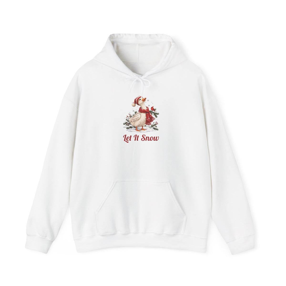 White Let It Snow Goose hoodie with a goose in a red scarf and beanie in the snow, front view