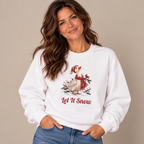 Woman wearing the White Let It Snow Goose Christmas Sweatshirt with jeans