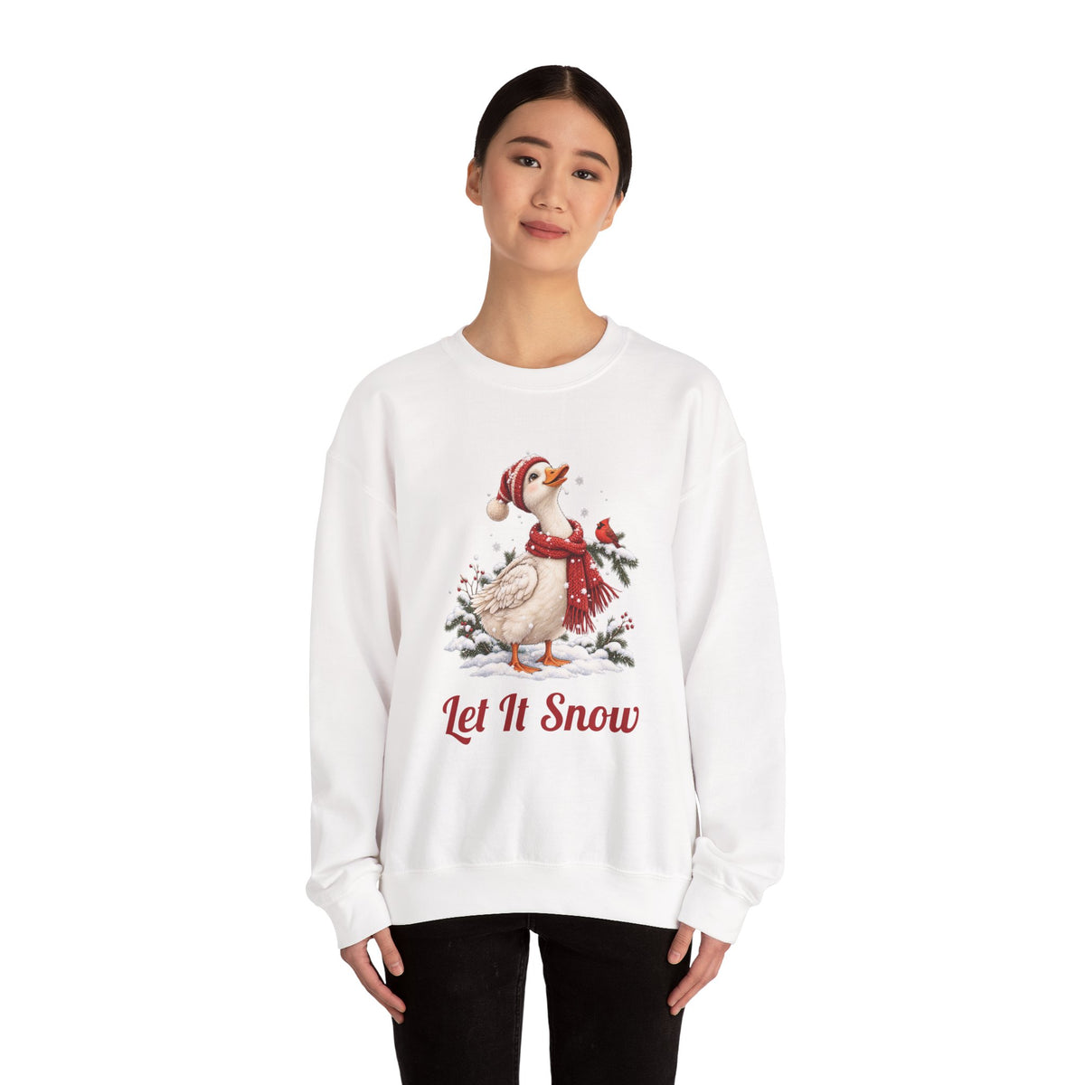 Woman wearing the Let It Snow Goose Christmas Sweatshirt