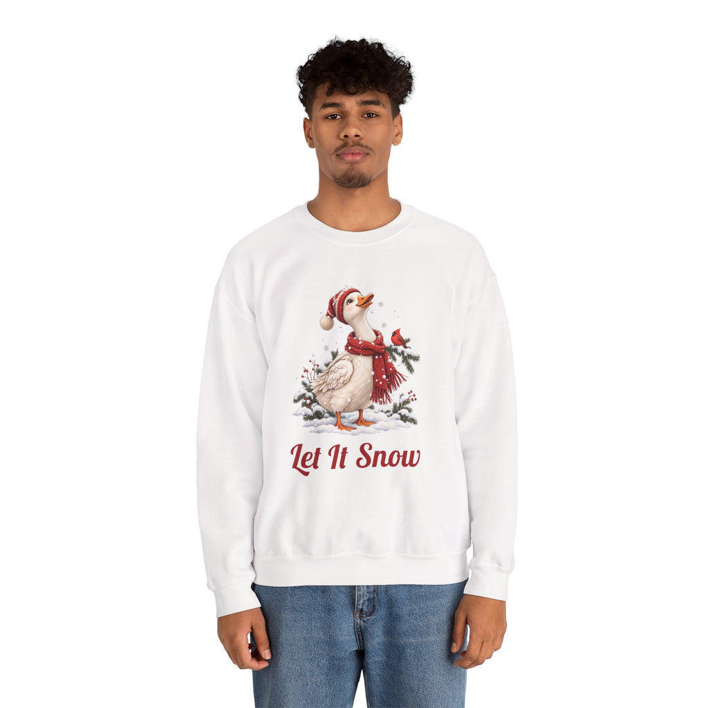 Man wearing the Let It Snow Goose Christmas Sweatshirt