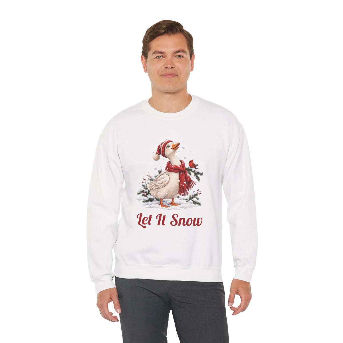 Man wearing the Let It Snow Goose Christmas Sweatshirt, smiling
