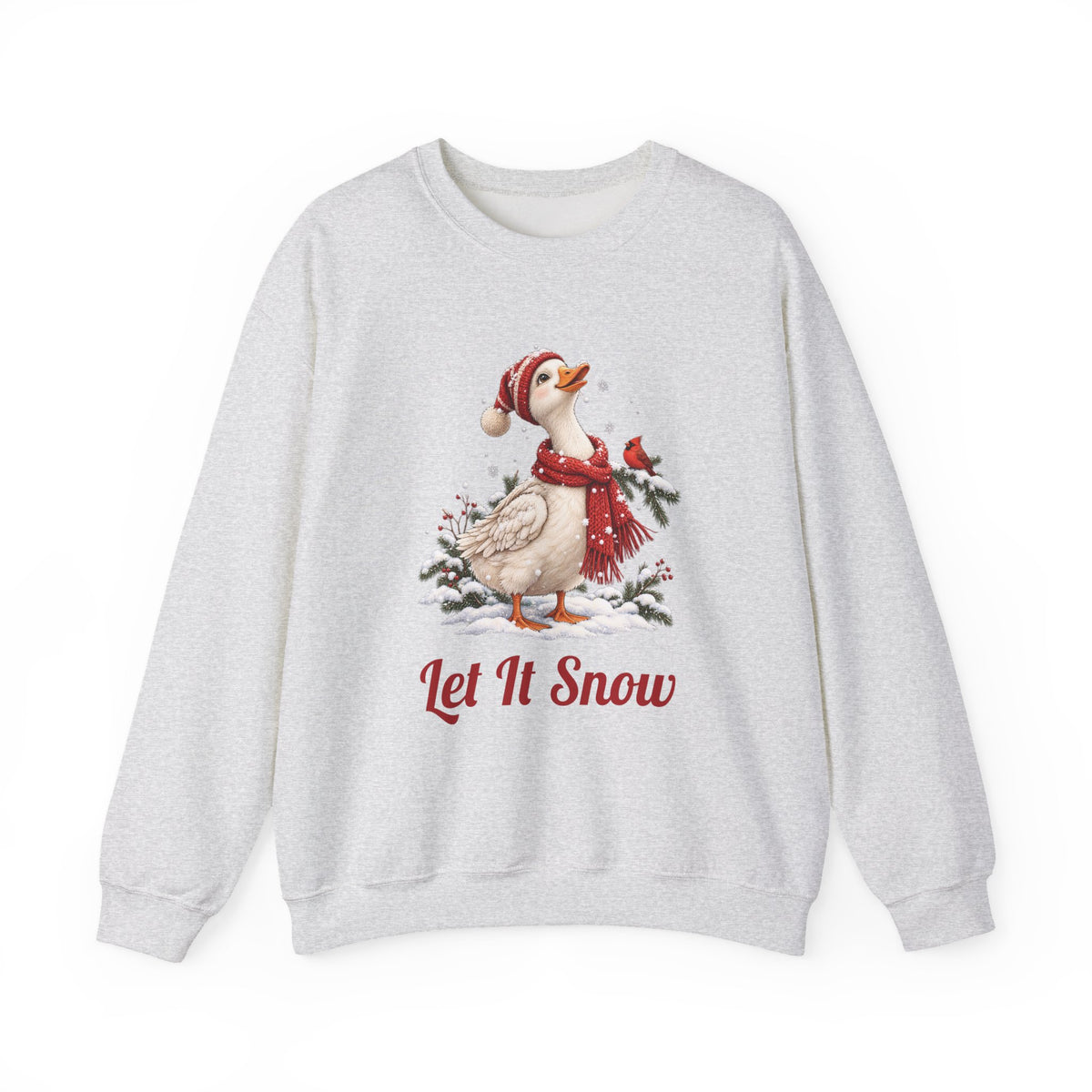 Ash Let It Snow Goose sweatshirt with a goose in a red scarf and beanie in the snow, front view
