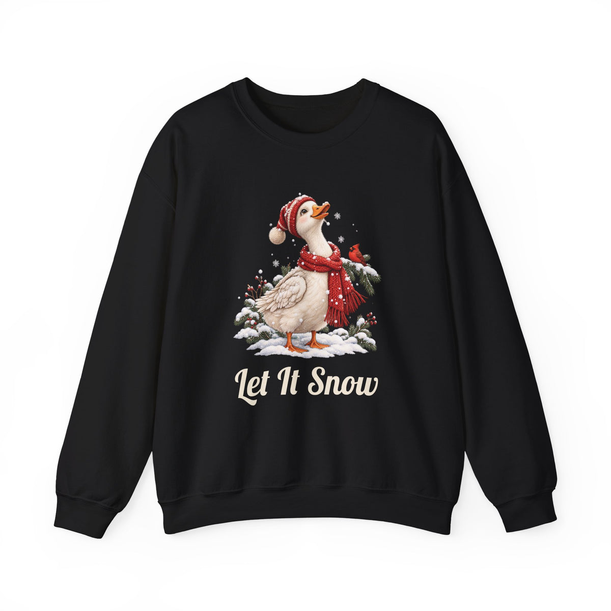 Black Let It Snow Goose sweatshirt with a goose in a red scarf and beanie in the snow, front view
