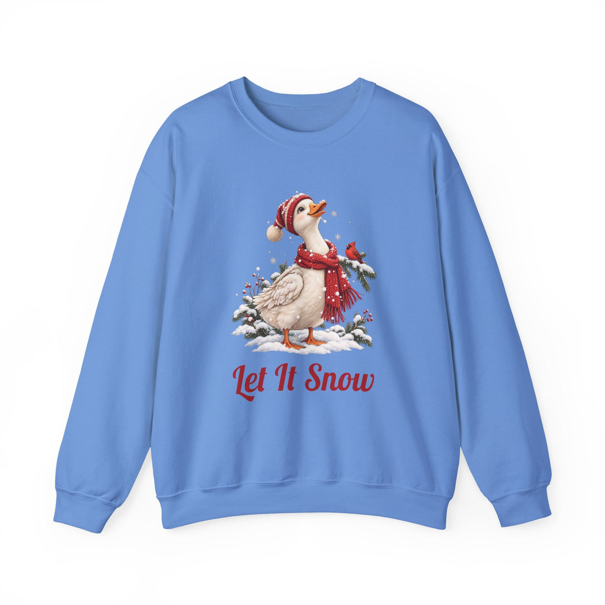 Carolina Blue Let It Snow Goose sweatshirt with a goose in a red scarf and beanie in the snow, front view