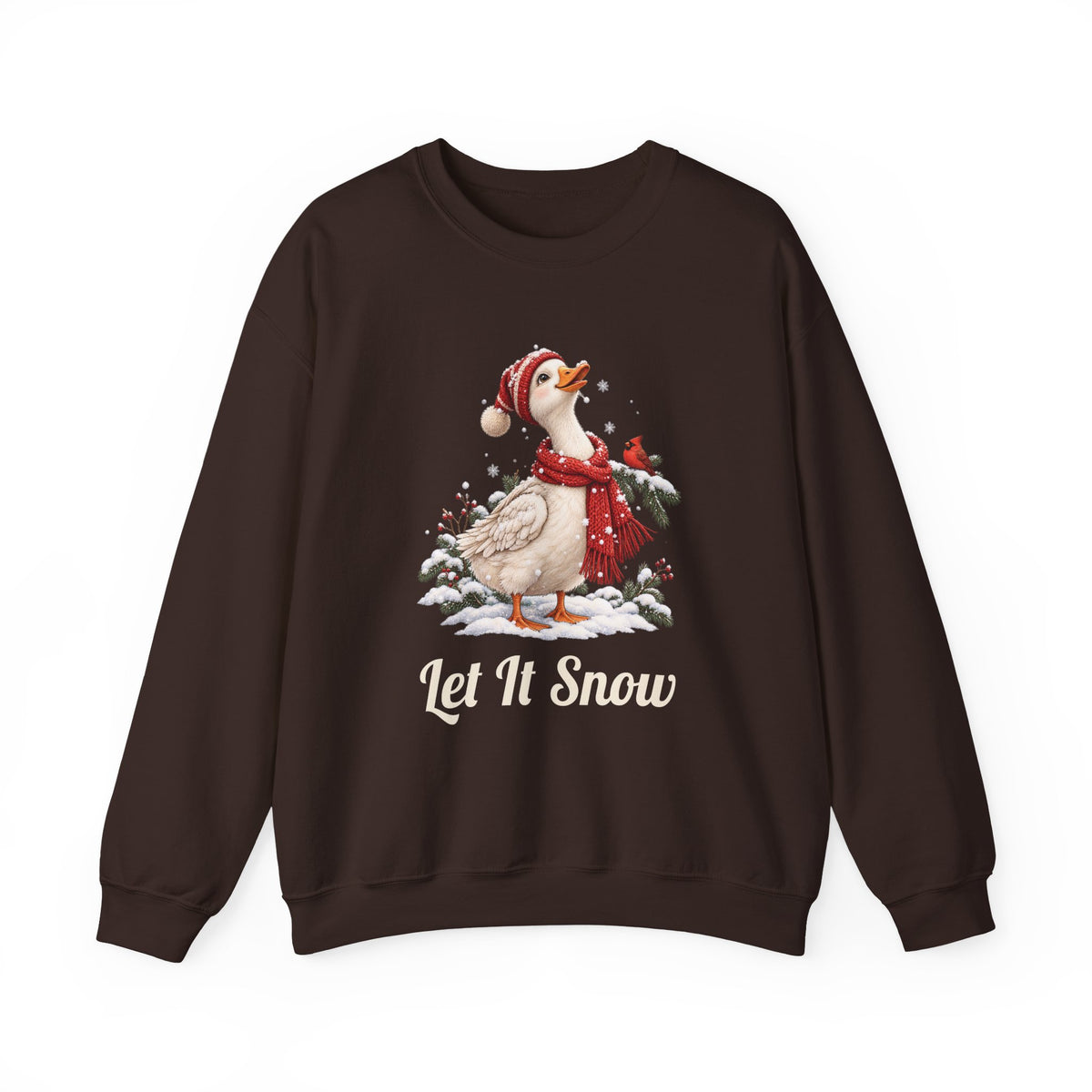 Dark Chocolate Let It Snow Goose sweatshirt with a goose in a red scarf and beanie in the snow, front view