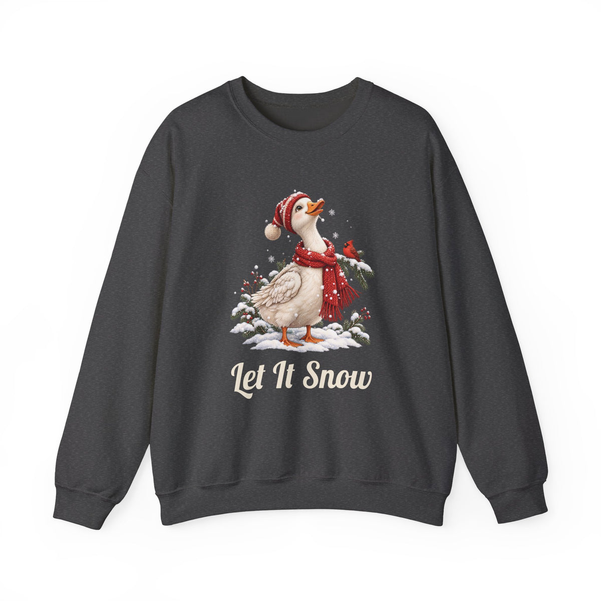 Dark Heather Let It Snow Goose sweatshirt with a goose in a red scarf and beanie in the snow, front view