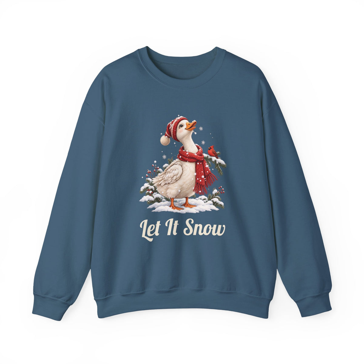 Indigo Blue Let It Snow Goose sweatshirt with a goose in a red scarf and beanie in the snow, front view