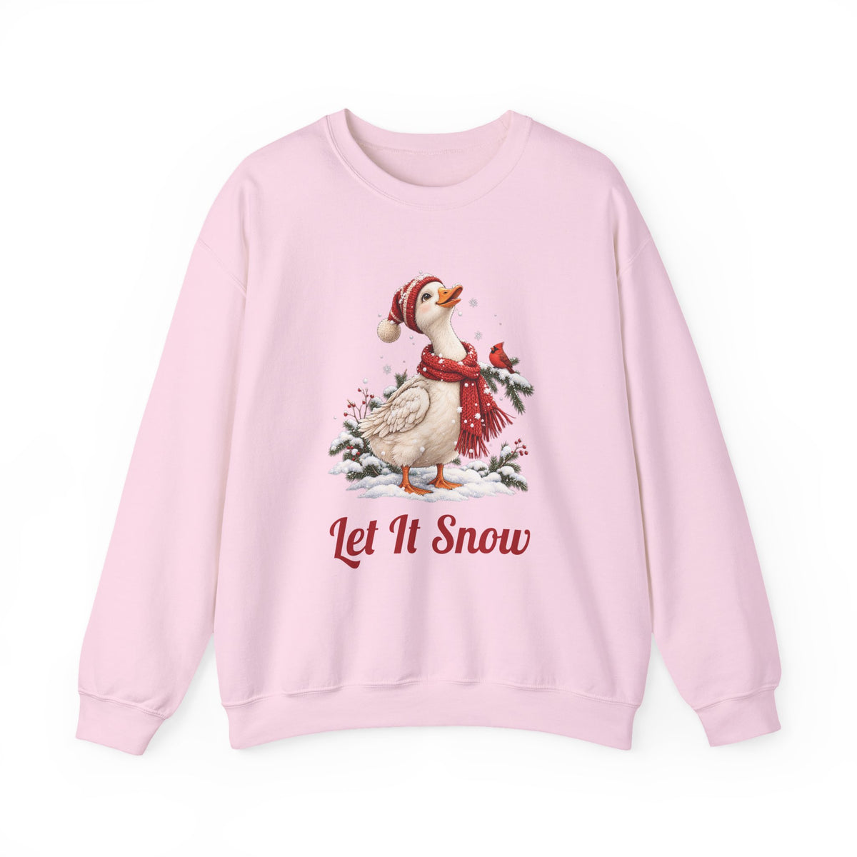 Light Pink Let It Snow Goose sweatshirt with a goose in a red scarf and beanie in the snow, front view