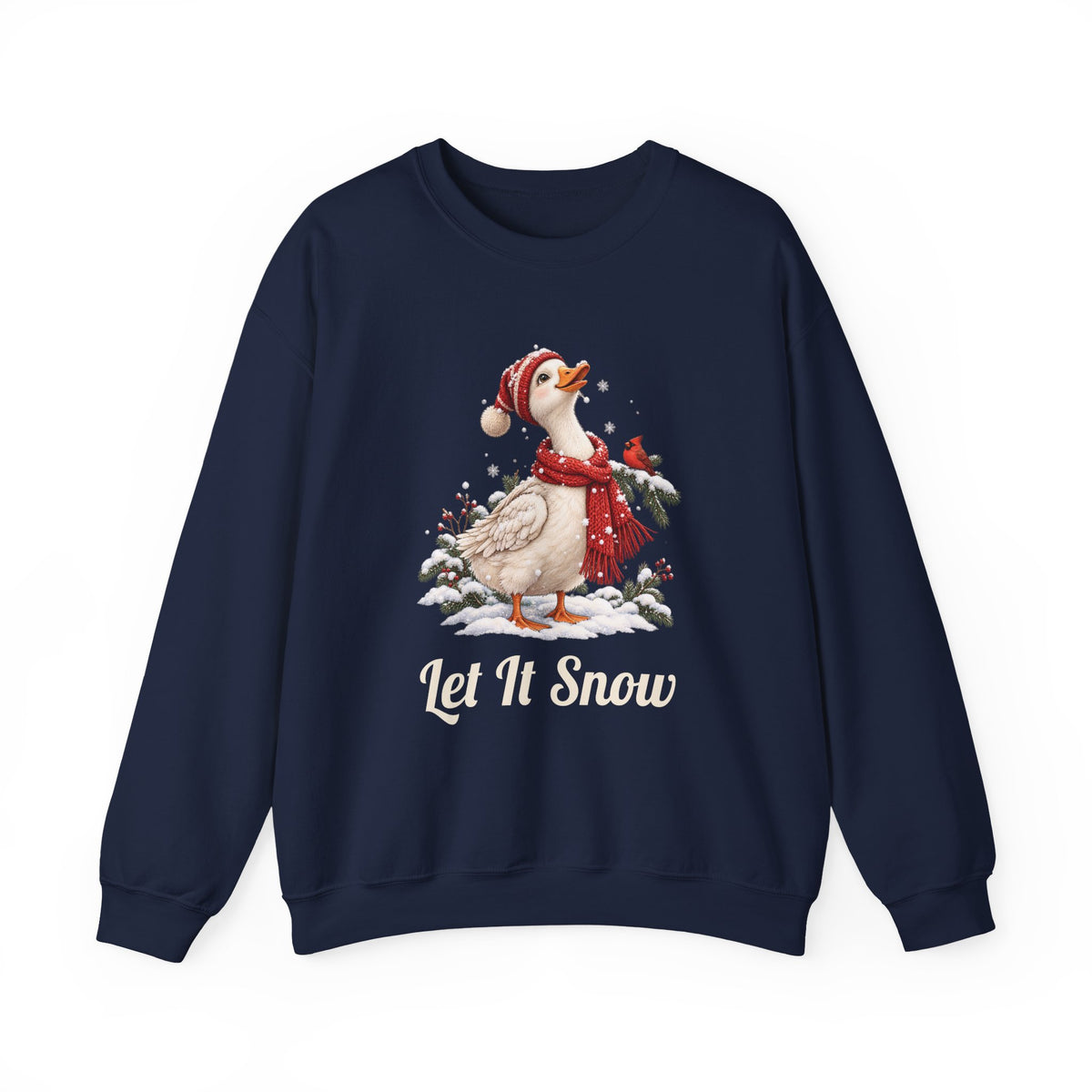 Navy Let It Snow Goose sweatshirt with a goose in a red scarf and beanie in the snow, front view