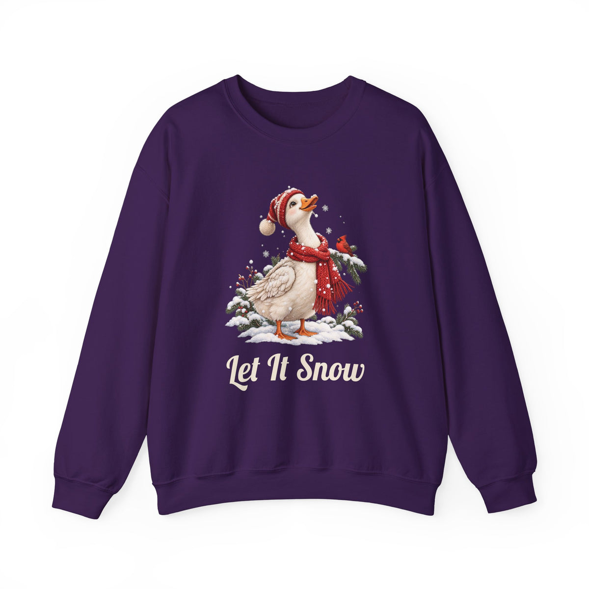Purple Let It Snow Goose sweatshirt with a goose in a red scarf and beanie in the snow, front view