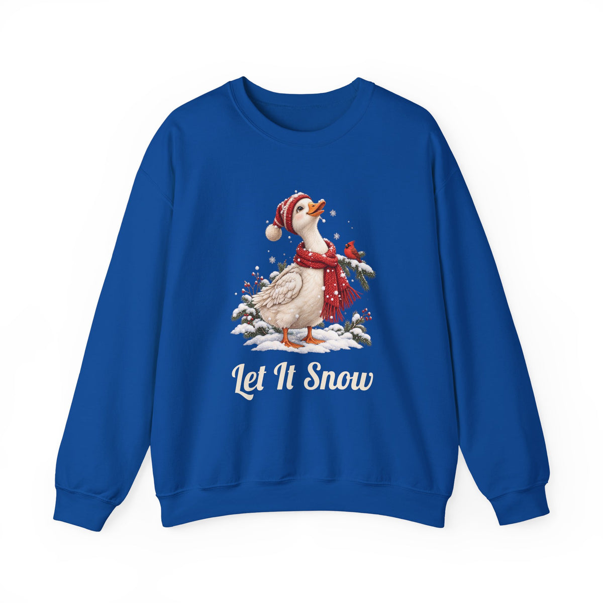 Royal Let It Snow Goose sweatshirt with a goose in a red scarf and beanie in the snow, front view