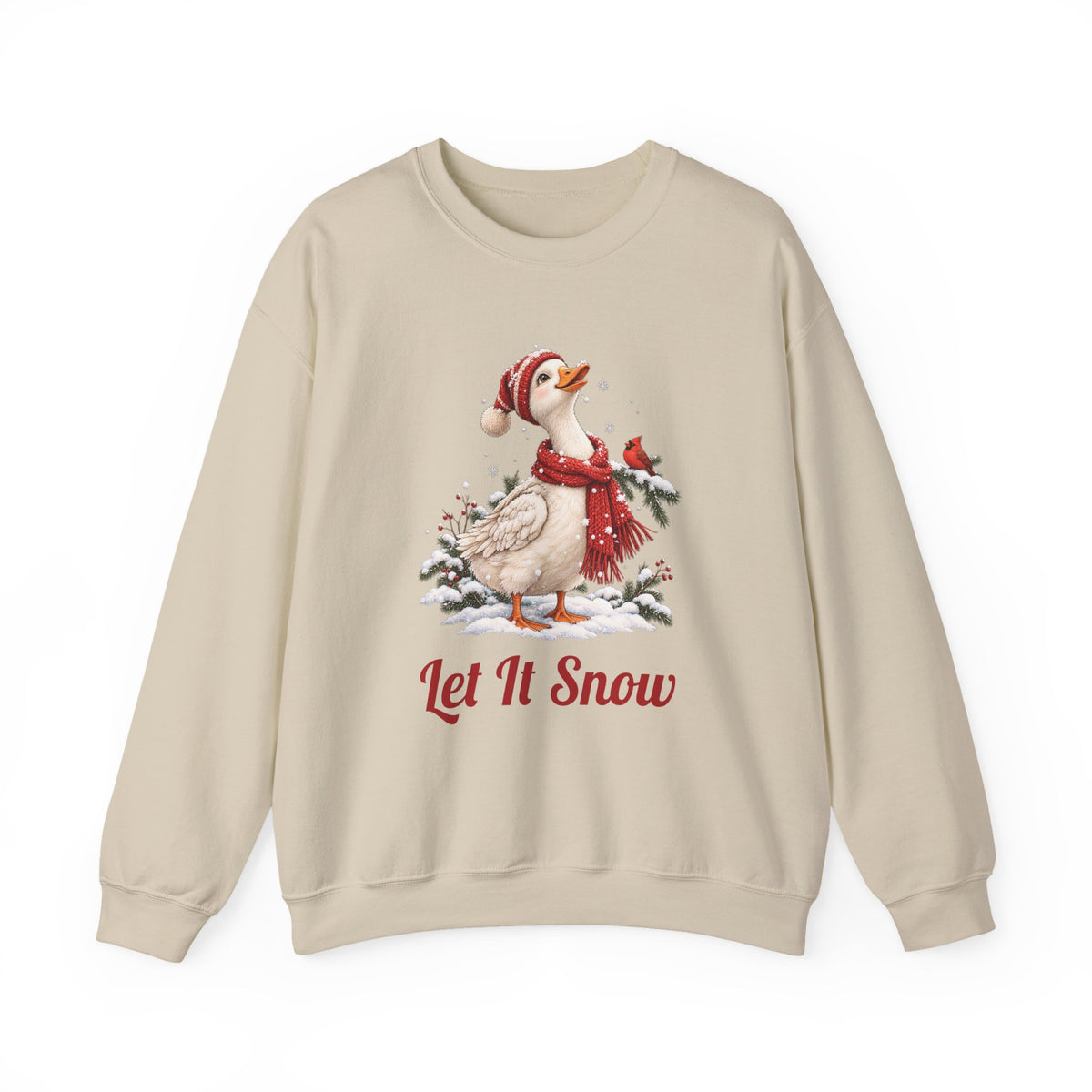 Sand Let It Snow Goose sweatshirt with a goose in a red scarf and beanie in the snow, front view