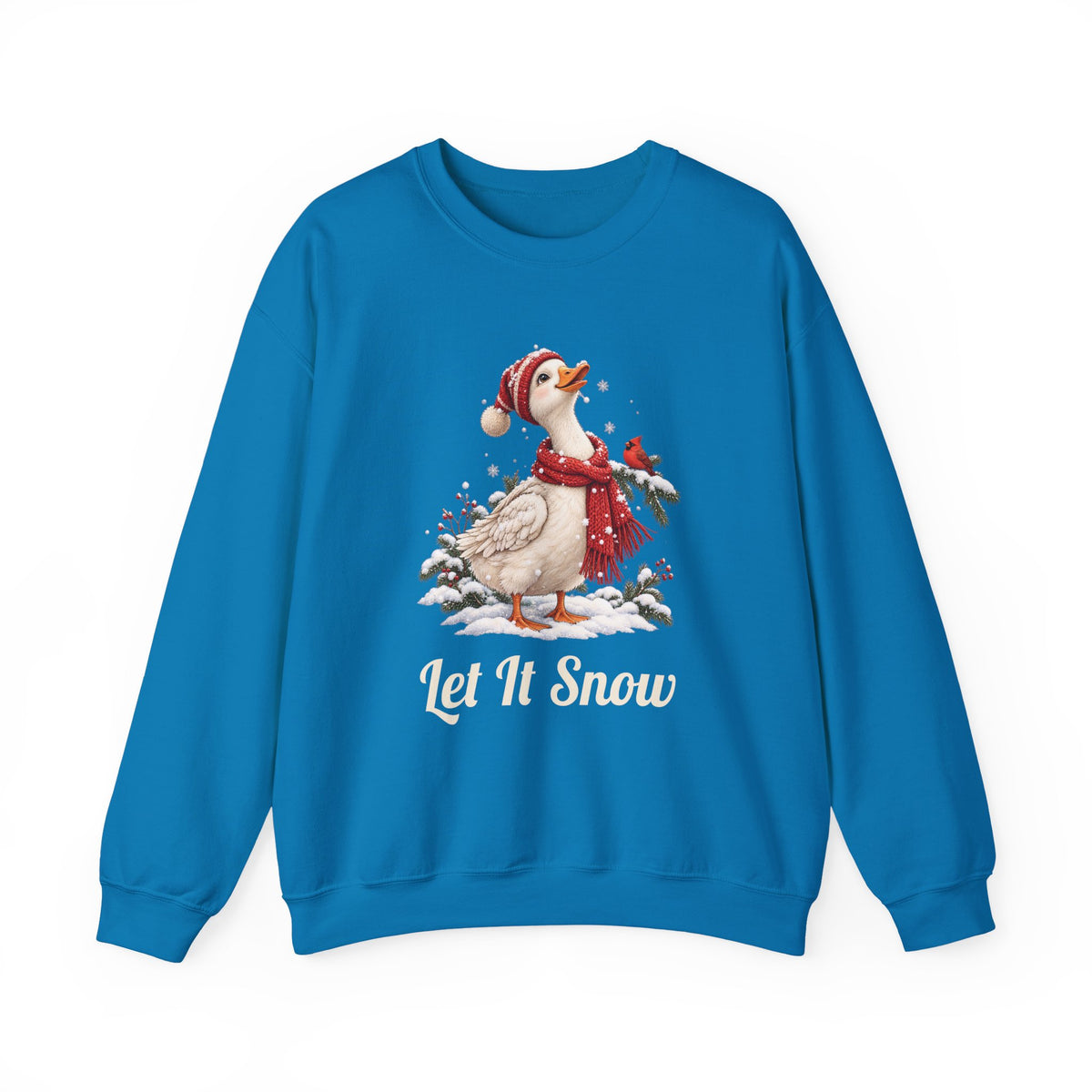 Sapphire Let It Snow Goose sweatshirt with a goose in a red scarf and beanie in the snow, front view
