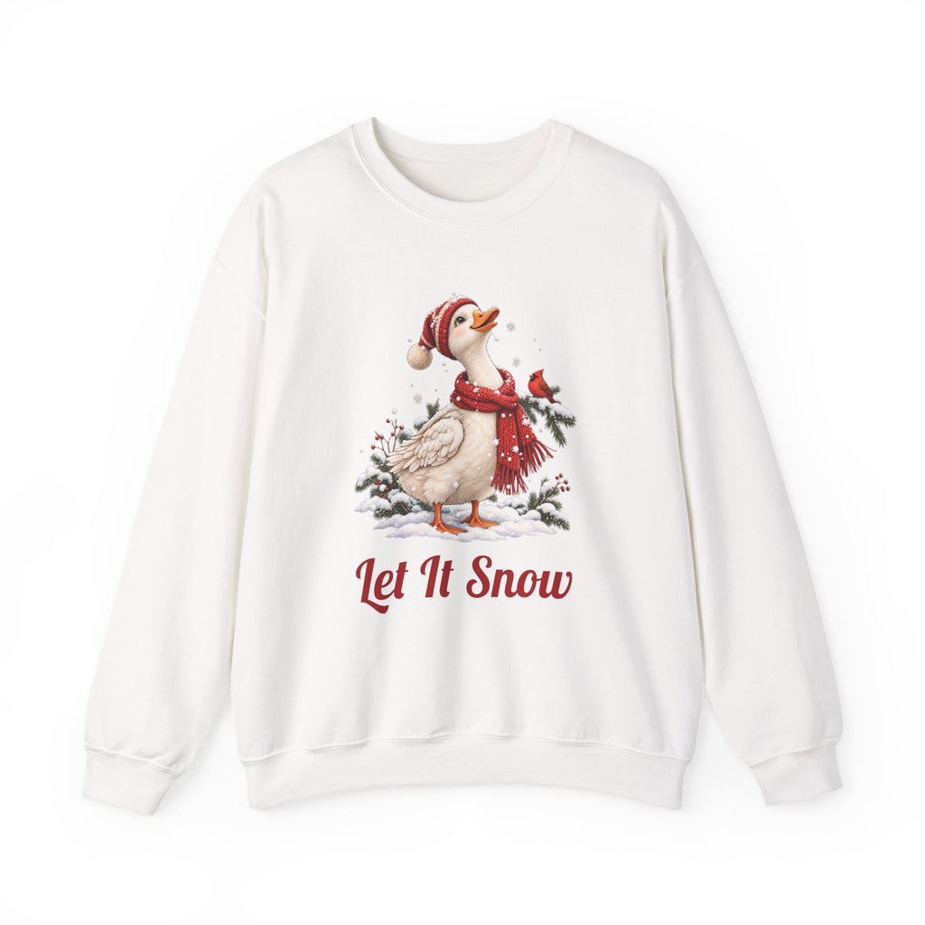 White Let It Snow Goose sweatshirt with a goose in a red scarf and beanie in the snow, front view