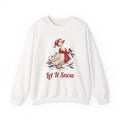 White Let It Snow Goose sweatshirt with a goose in a red scarf and beanie in the snow, front view