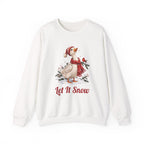White Let It Snow Goose sweatshirt with a goose in a red scarf and beanie in the snow, front view