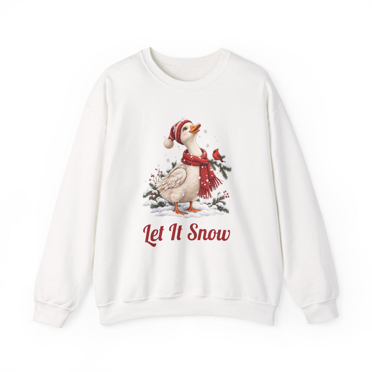White Let It Snow Goose sweatshirt with a goose in a red scarf and beanie in the snow, front view