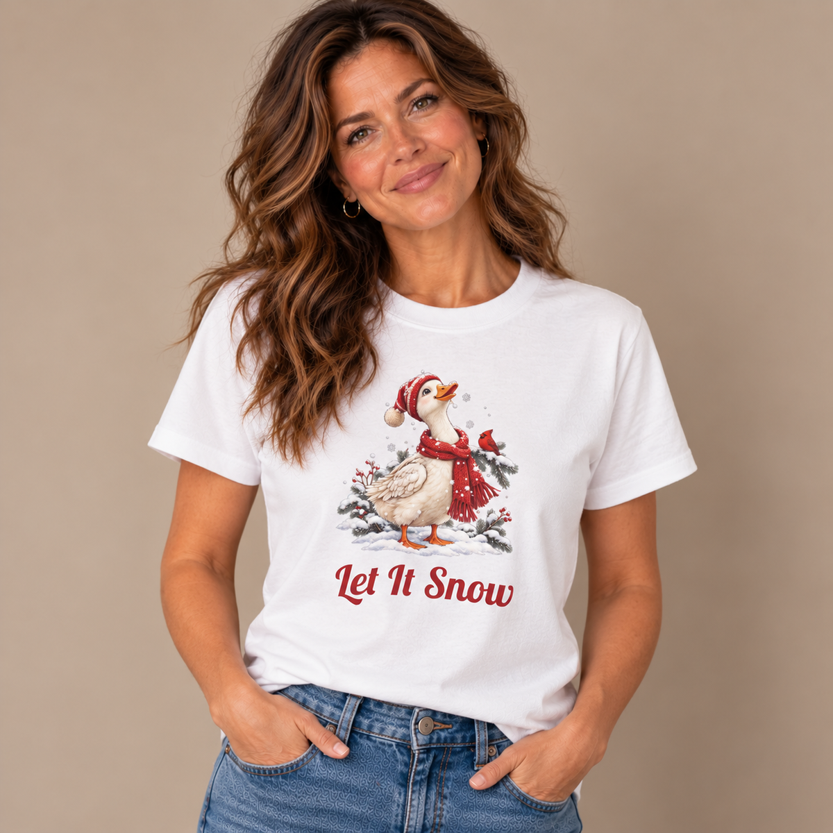 Woman wearing the White Let It Snow Goose Christmas T-Shirt with jeans