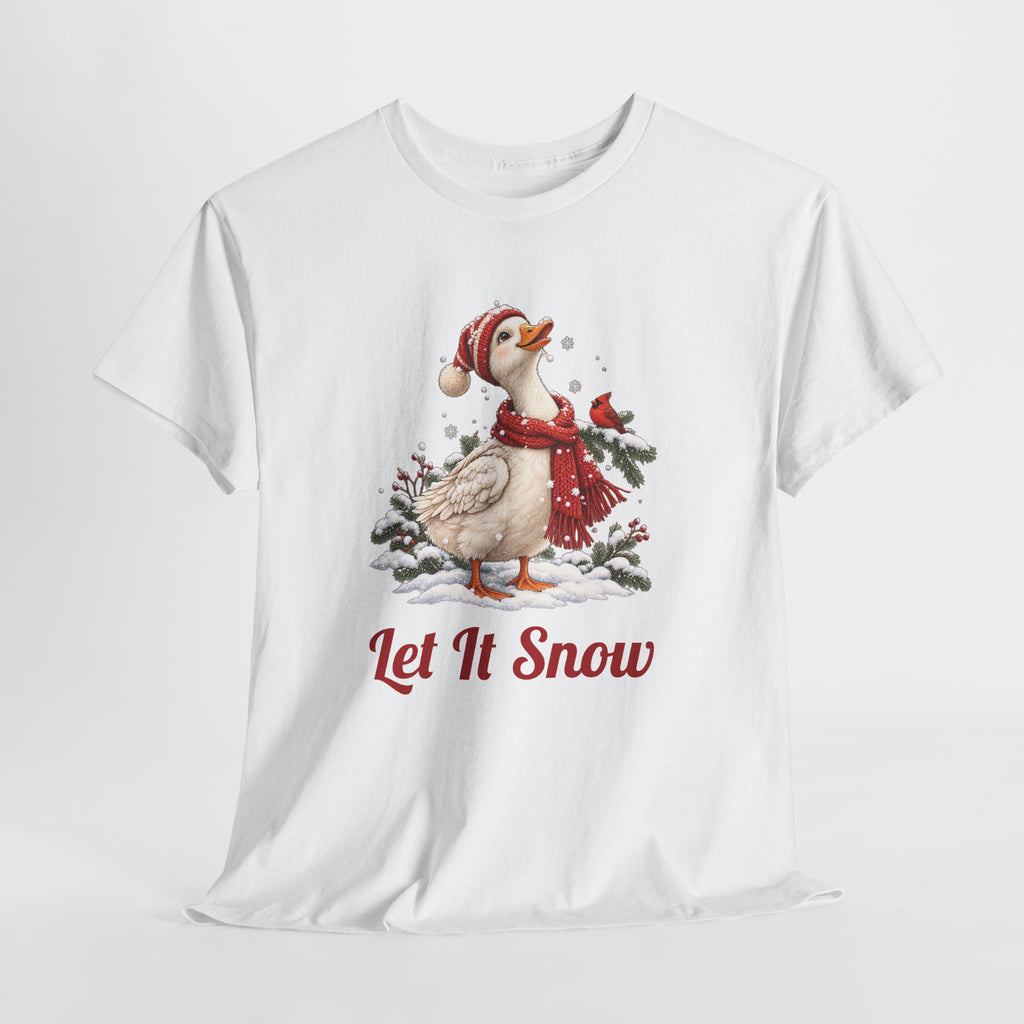 Let It Snow Goose Christmas T-Shirt, flat lay