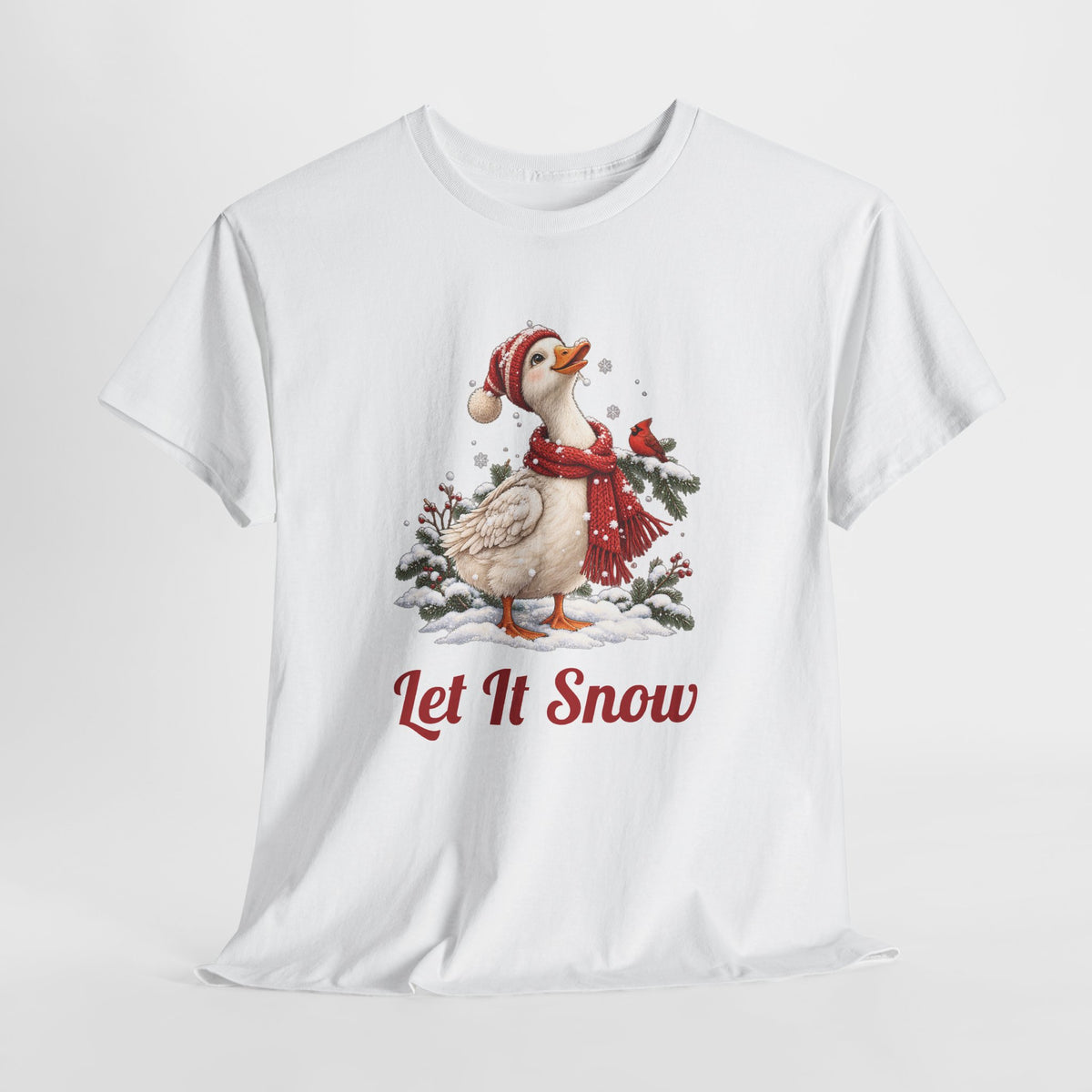 Let It Snow Goose Christmas T-Shirt, flat lay