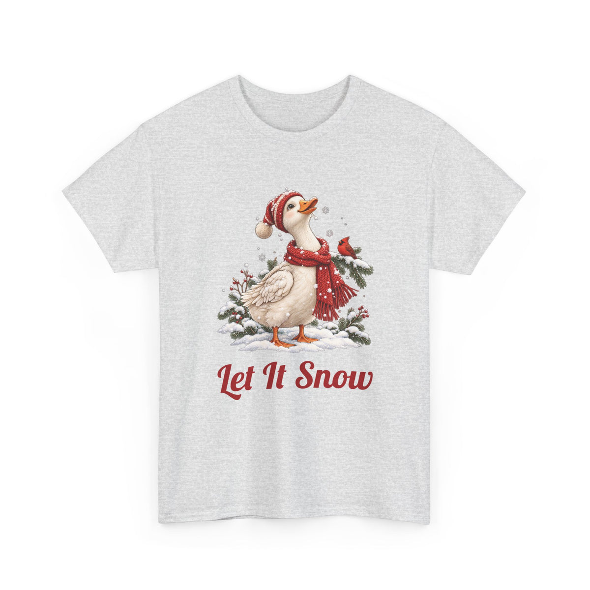 Ash Let It Snow Goose t-shirt with a goose in a red scarf and beanie in the snow, front view